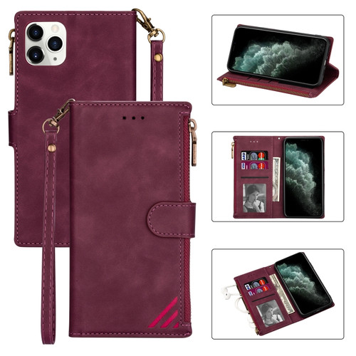 iPhone 12 mini Zipper Multi-card Slots Horizontal Flip PU Leather Case with Holder & Card Slots & Wallet & Lanyard & Photo Frame  - Wine Red