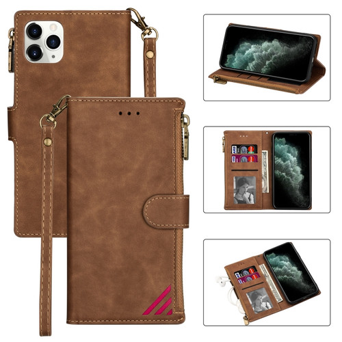 iPhone 12 mini Zipper Multi-card Slots Horizontal Flip PU Leather Case with Holder & Card Slots & Wallet & Lanyard & Photo Frame  - Brown