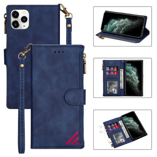iPhone 12 mini Zipper Multi-card Slots Horizontal Flip PU Leather Case with Holder & Card Slots & Wallet & Lanyard & Photo Frame  - Blue