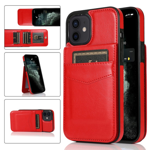 iPhone 12 mini Solid Color PC + TPU Protective Case with Holder & Card Slots  - Red