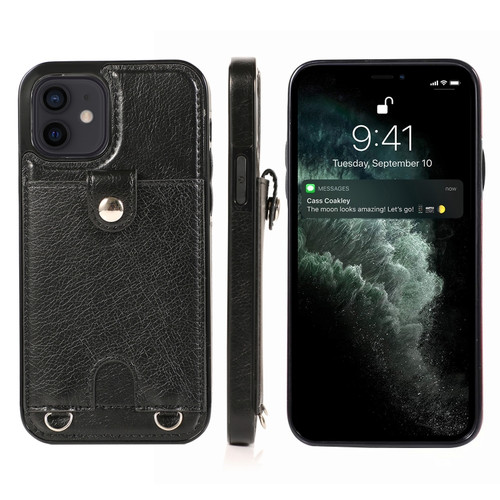 iPhone 12 mini Shockproof PU Leather + TPU Protective Case with Card Slot & Lanyard  - Black
