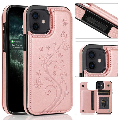 iPhone 12 mini Butterflies Flowers Double Buckle PU + TPU Protective Case with Holder & Card Slots & Photo Frame  - Rose Gold