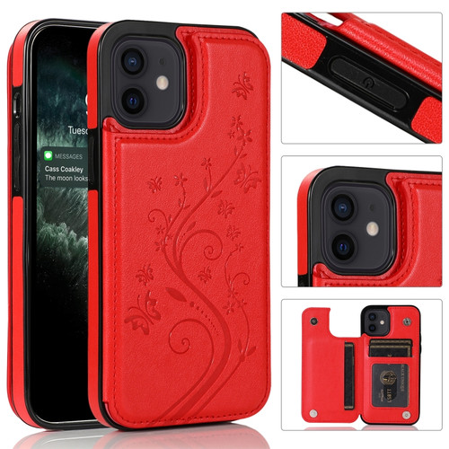 iPhone 12 mini Butterflies Flowers Double Buckle PU + TPU Protective Case with Holder & Card Slots & Photo Frame  - Red