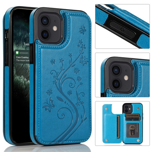 iPhone 12 mini Butterflies Flowers Double Buckle PU + TPU Protective Case with Holder & Card Slots & Photo Frame  - Blue