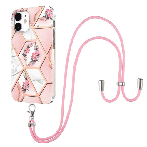 iPhone 12 mini Electroplating Splicing Marble Flower Pattern TPU Shockproof Case with Lanyard  - Pink Flower