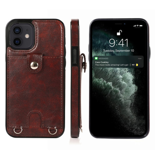 iPhone 12 mini Shockproof PU Leather + TPU Protective Case with Card Slot & Lanyard  - Brown