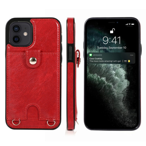 iPhone 12 mini Shockproof PU Leather + TPU Protective Case with Card Slot & Lanyard  - Red