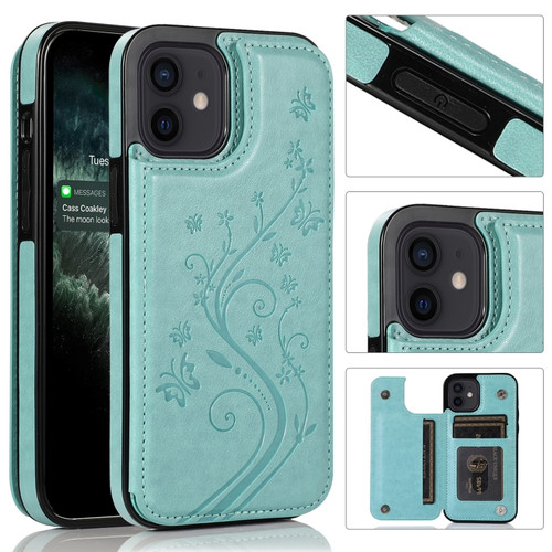 iPhone 12 mini Butterflies Flowers Double Buckle PU + TPU Protective Case with Holder & Card Slots & Photo Frame  - Green