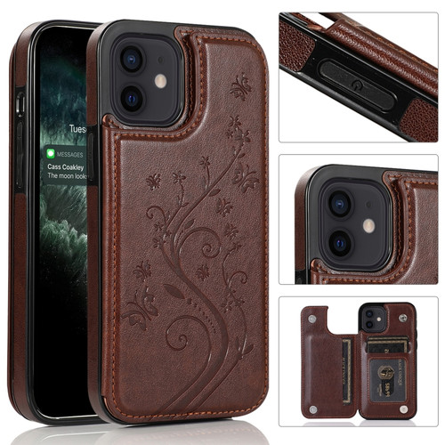 iPhone 12 mini Butterflies Flowers Double Buckle PU + TPU Protective Case with Holder & Card Slots & Photo Frame  - Brown