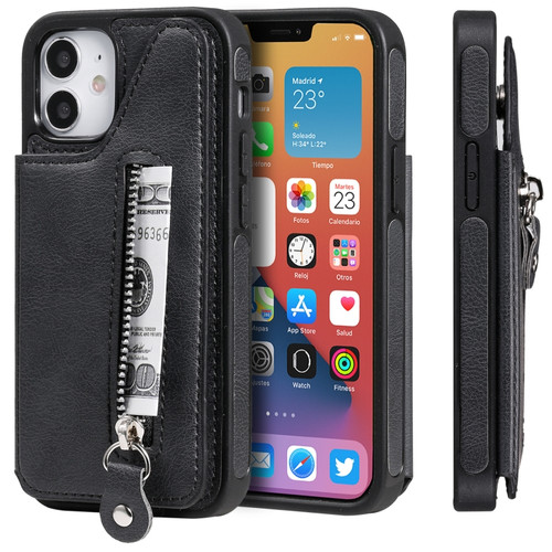 iPhone 12 mini Solid Color Double Buckle Zipper Shockproof Protective Case  - Black