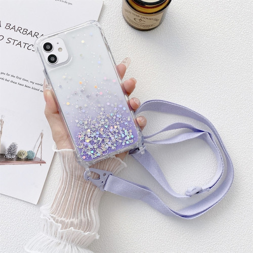 iPhone 12 mini Gradient Glitter Powder Epoxy TPU Thickened Acrylic Shockproof Case with Wide Neck Lanyard  - Purple