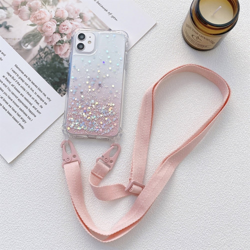iPhone 12 mini Gradient Glitter Powder Epoxy TPU Thickened Acrylic Shockproof Case with Wide Neck Lanyard  - Pink