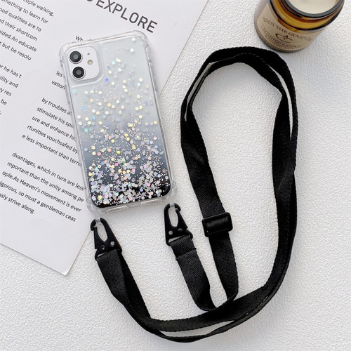 iPhone 12 mini Gradient Glitter Powder Epoxy TPU Thickened Acrylic Shockproof Case with Wide Neck Lanyard  - Black
