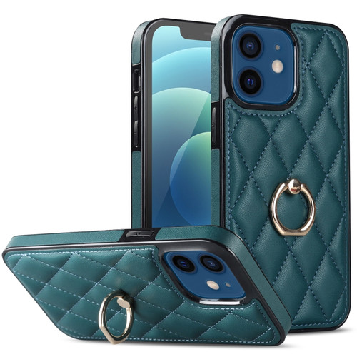 iPhone 12 mini Rhombic PU Leather Phone Case with Ring Holder - Green