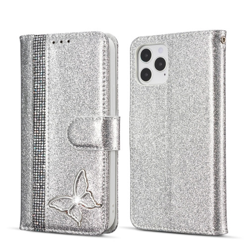 iPhone 12 mini Glitter Powder Butterfly Leather Phone Case  - Silver