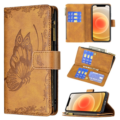 iPhone 12 mini Flying Butterfly Embossing Pattern Zipper Horizontal Flip Leather Case with Holder & Card Slots & Wallet - Brown