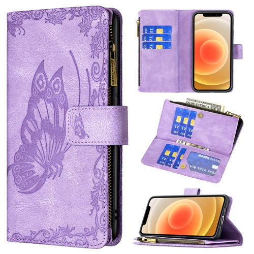 iPhone 12 mini Flying Butterfly Embossing Pattern Zipper Horizontal Flip Leather Case with Holder & Card Slots & Wallet - Purple