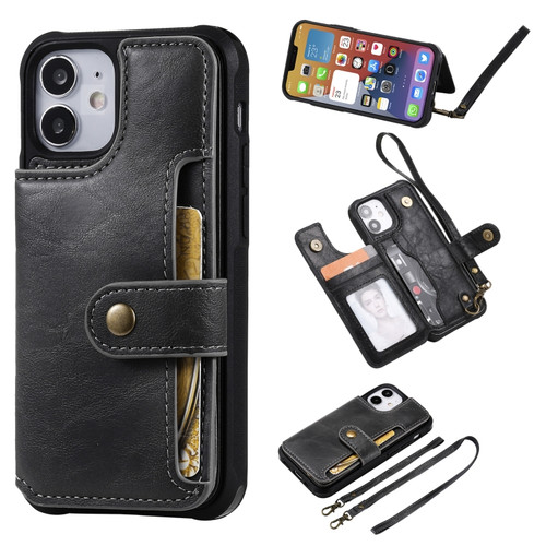 iPhone 12 mini Shockproof Horizontal Flip Protective Case with Holder & Card Slots & Wallet & Photo Frame & Short Lanyard  - Black