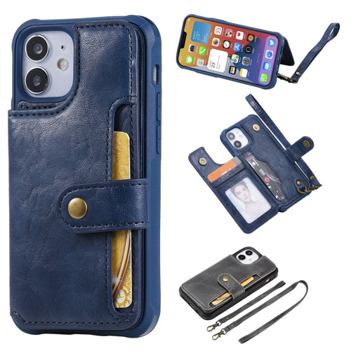 iPhone 12 mini Shockproof Horizontal Flip Protective Case with Holder & Card Slots & Wallet & Photo Frame & Short Lanyard  - Blue