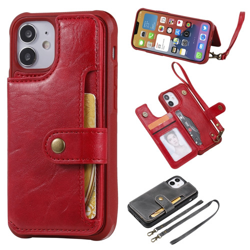iPhone 12 mini Shockproof Horizontal Flip Protective Case with Holder & Card Slots & Wallet & Photo Frame & Short Lanyard  - Red