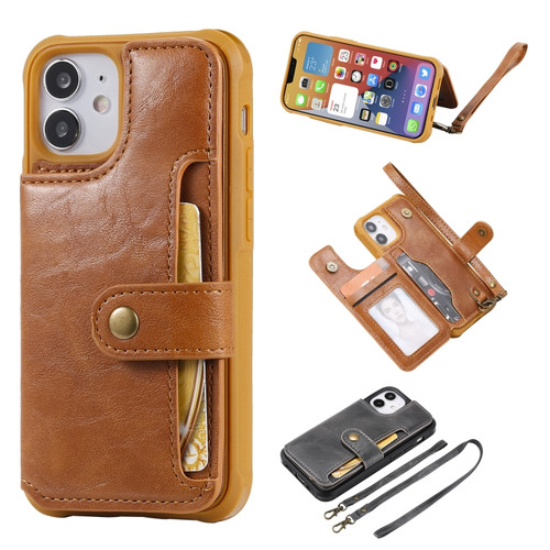 iPhone 12 mini Shockproof Horizontal Flip Protective Case with Holder & Card Slots & Wallet & Photo Frame & Short Lanyard  - Brown