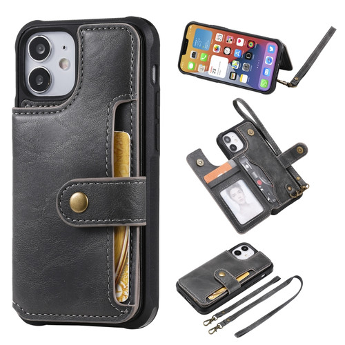 iPhone 12 mini Shockproof Horizontal Flip Protective Case with Holder & Card Slots & Wallet & Photo Frame & Short Lanyard  - Grey
