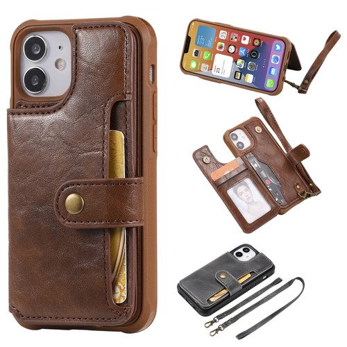 iPhone 12 mini Shockproof Horizontal Flip Protective Case with Holder & Card Slots & Wallet & Photo Frame & Short Lanyard  - Coffee