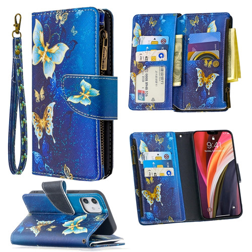 iPhone 12 mini Colored Drawing Pattern Zipper Horizontal Flip Leather Case with Holder & Card Slots & Wallet - Gold Butterfly