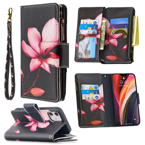 iPhone 12 mini Colored Drawing Pattern Zipper Horizontal Flip Leather Case with Holder & Card Slots & Wallet - Lotus