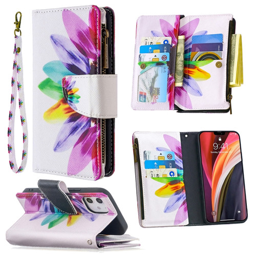 iPhone 12 mini Colored Drawing Pattern Zipper Horizontal Flip Leather Case with Holder & Card Slots & Wallet - Sun Flower