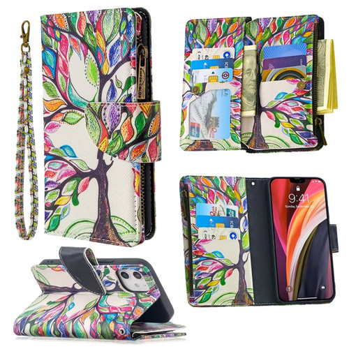 iPhone 12 mini Colored Drawing Pattern Zipper Horizontal Flip Leather Case with Holder & Card Slots & Wallet - Tree