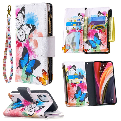 iPhone 12 mini Colored Drawing Pattern Zipper Horizontal Flip Leather Case with Holder & Card Slots & Wallet - Two Butterflies