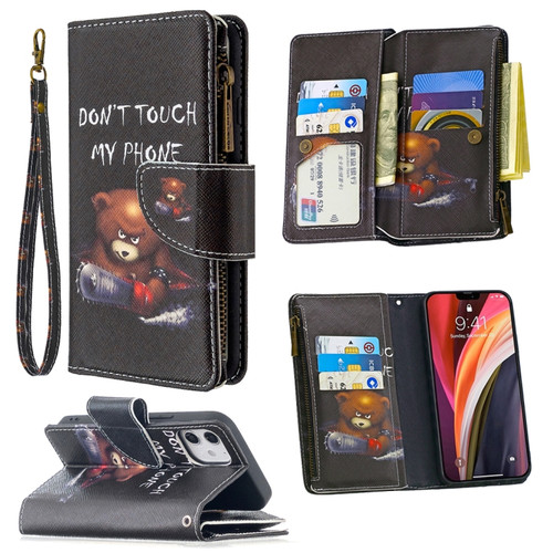 iPhone 12 mini Colored Drawing Pattern Zipper Horizontal Flip Leather Case with Holder & Card Slots & Wallet - Bear