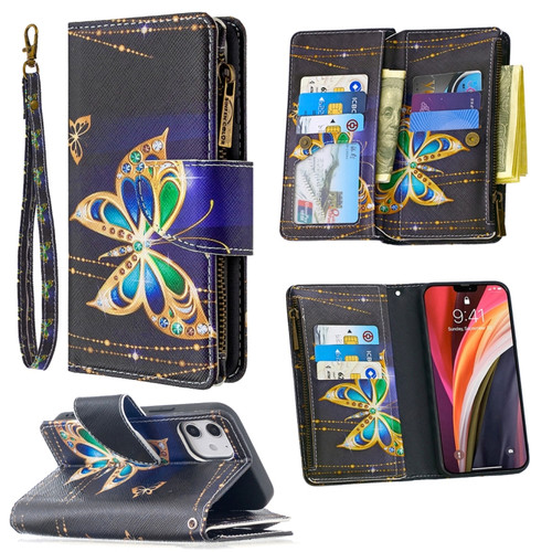 iPhone 12 mini Colored Drawing Pattern Zipper Horizontal Flip Leather Case with Holder & Card Slots & Wallet - Big Butterfly