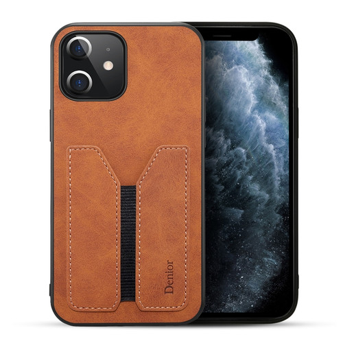 iPhone 12 mini Denior DV Elastic Card PU Back Cover Phone Case - Brown