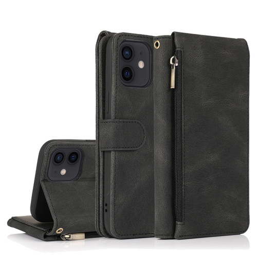 iPhone 12 mini Skin-feel Crazy Horse Texture Zipper Wallet Bag Horizontal Flip Leather Case with Holder & Card Slots & Wallet & Lanyard  - Black