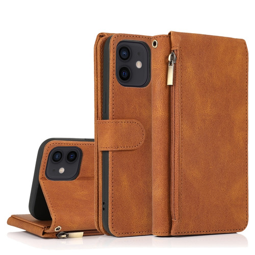 iPhone 12 mini Skin-feel Crazy Horse Texture Zipper Wallet Bag Horizontal Flip Leather Case with Holder & Card Slots & Wallet & Lanyard  - Brown