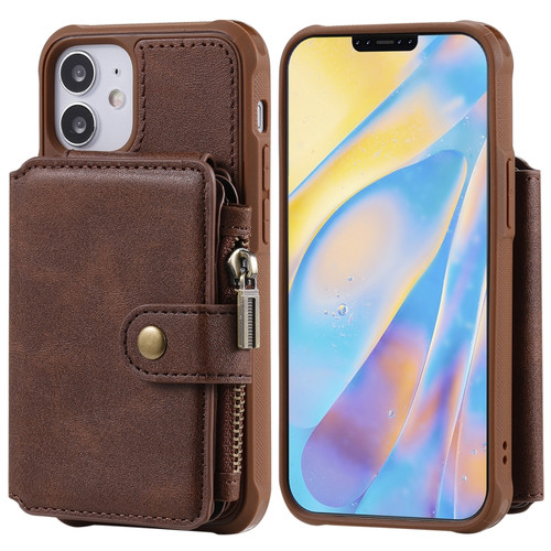 iPhone 12 mini Zipper Shockproof Protective Case with Card Slots & Bracket & Photo Holder & Wallet Function  - Coffee