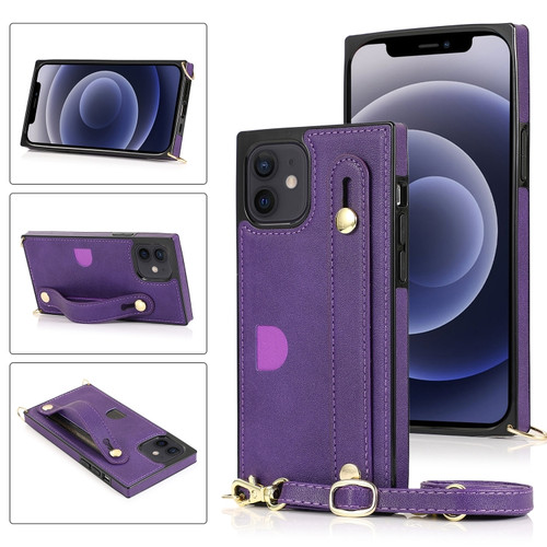 iPhone 12 mini PU+TPU Shockproof Protective Case with Crossbody Lanyard & Holder & Card Slot & Wrist Strap  - Purple