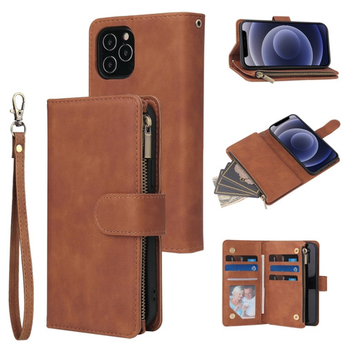 iPhone 12 mini Multifunctional Retro Frosted Horizontal Flip Leather Case with Card Slot & Holder & Zipper Wallet & Photo Frame & Lanyard - Brown