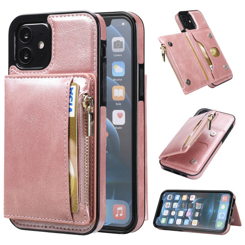 iPhone 12 mini Zipper Wallet Bag PU Back Cover Shockrpoof Phone Case with Holder & Card Slots & Wallet  - Pink