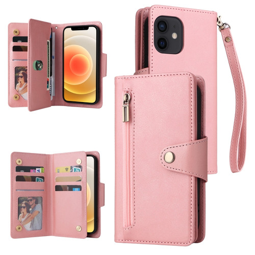 iPhone 12 mini Rivet Buckle 9 Cards Three Fold Leather Phone Case  - Rose Gold
