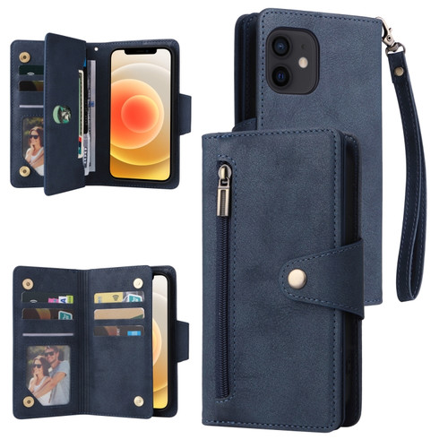 iPhone 12 mini Rivet Buckle 9 Cards Three Fold Leather Phone Case  - Blue