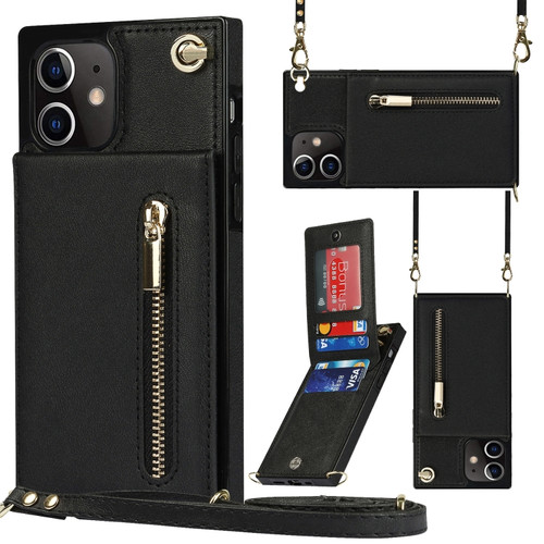 iPhone 12 mini Cross-body Zipper Square TPU+PU Back Cover Case with Holder & Card Slots & Wallet & Strap  - Black