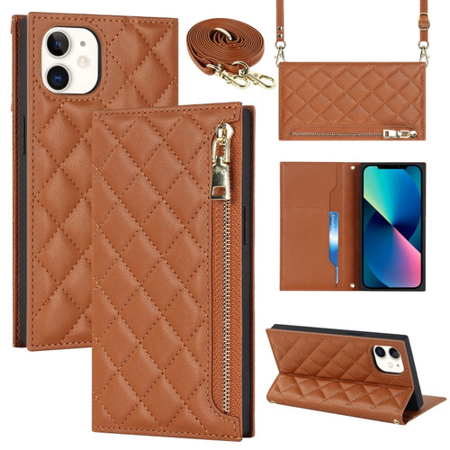 iPhone 12 mini Grid Texture Lanyard Zipper Leather Phone Case - Brown
