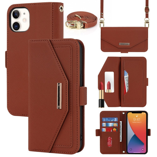 iPhone 12 mini Cross Texture Lanyard Leather Phone Case - Brown