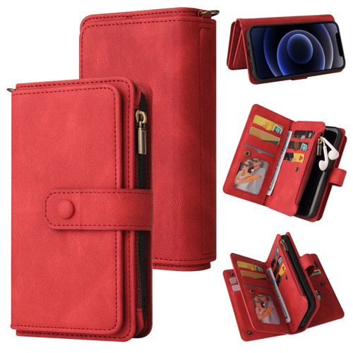 iPhone 12 mini Skin Feel PU + TPU Horizontal Flip Leather Case with Holder & 15 Cards Slot & Wallet & Zipper Pocket & Lanyard  - Red