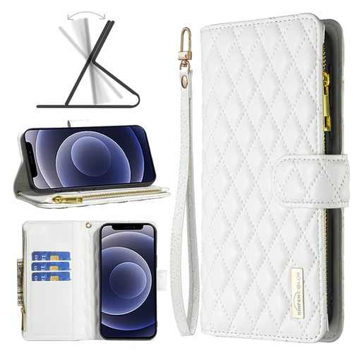 iPhone 12 mini Diamond Lattice Zipper Wallet Leather Flip Phone Case  - White