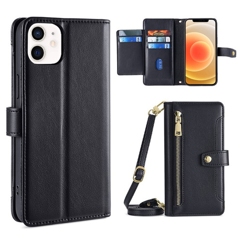 iPhone 12 mini Sheep Texture Cross-body Zipper Wallet Leather Phone Case - Black