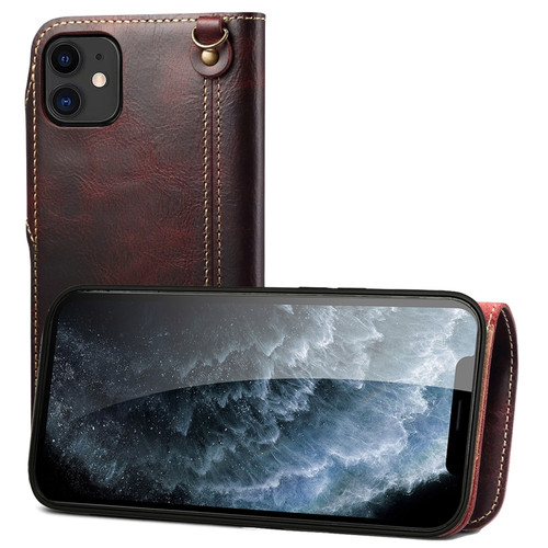 iPhone 12 mini Denior Oil Wax Cowhide Magnetic Button Genuine Leather Case - Dark Red